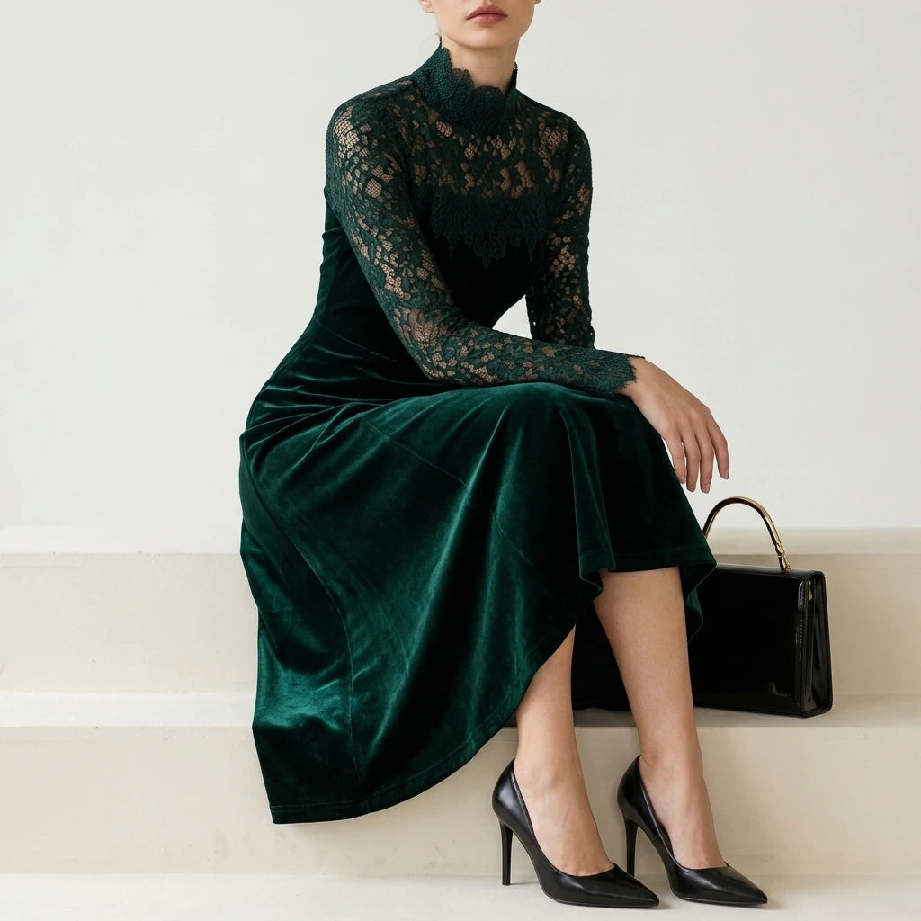 Midi Dress Women - A-Line Velvet Midi Dress — variant_front