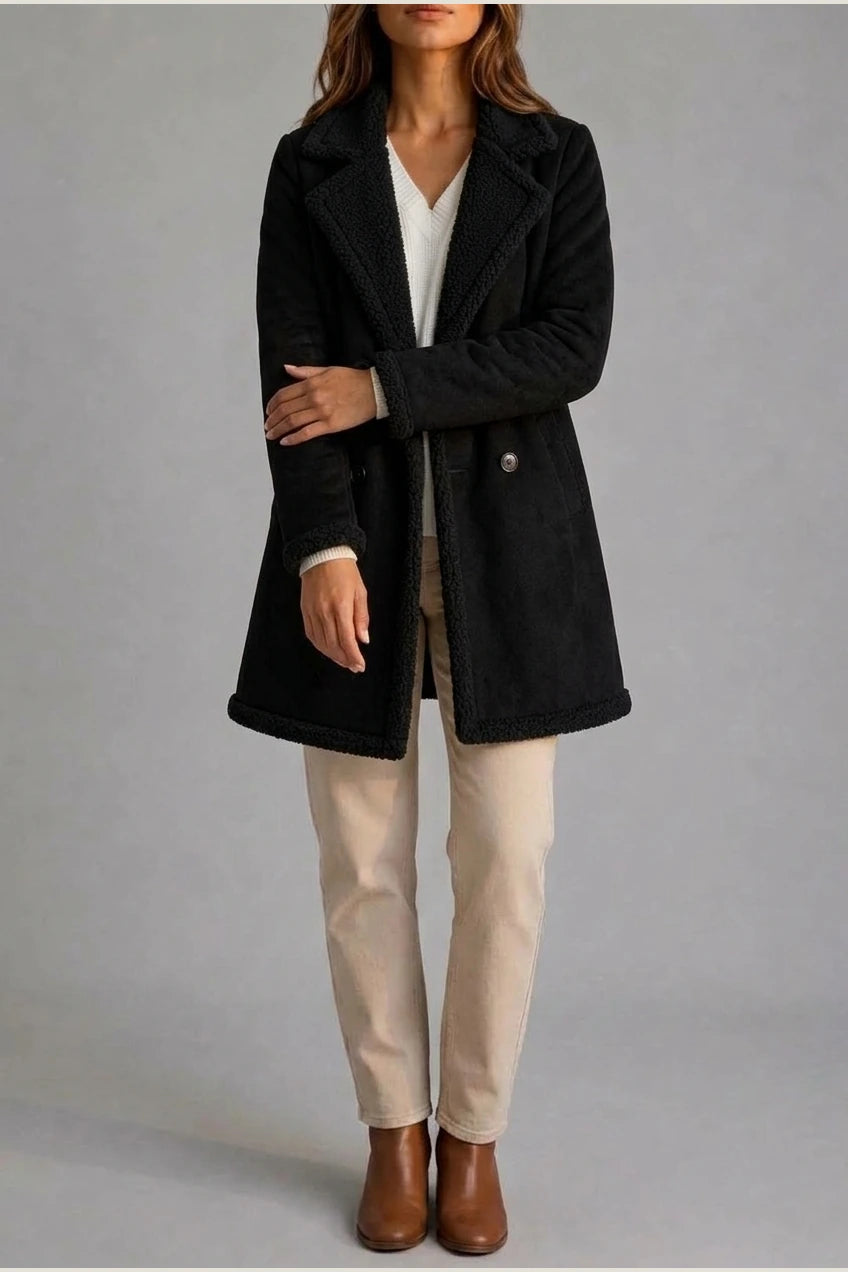 Women’s Suede Look Shearling Coat – Longline Teddy Trim Jacket — variant_front