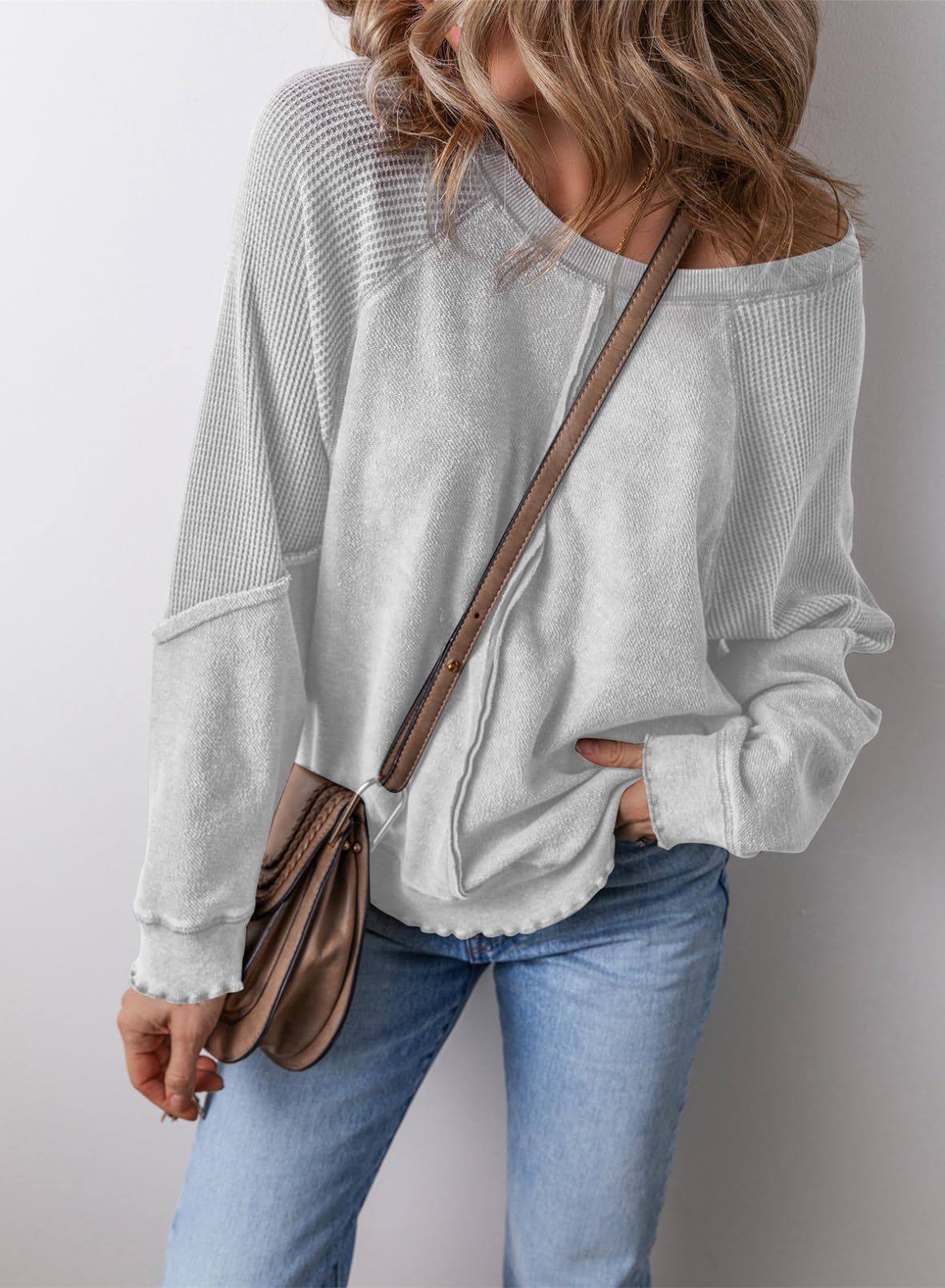 Relaxed Waffle Knit Sweatshirt with Lettuce Hem and Front Pocket — variant_front
