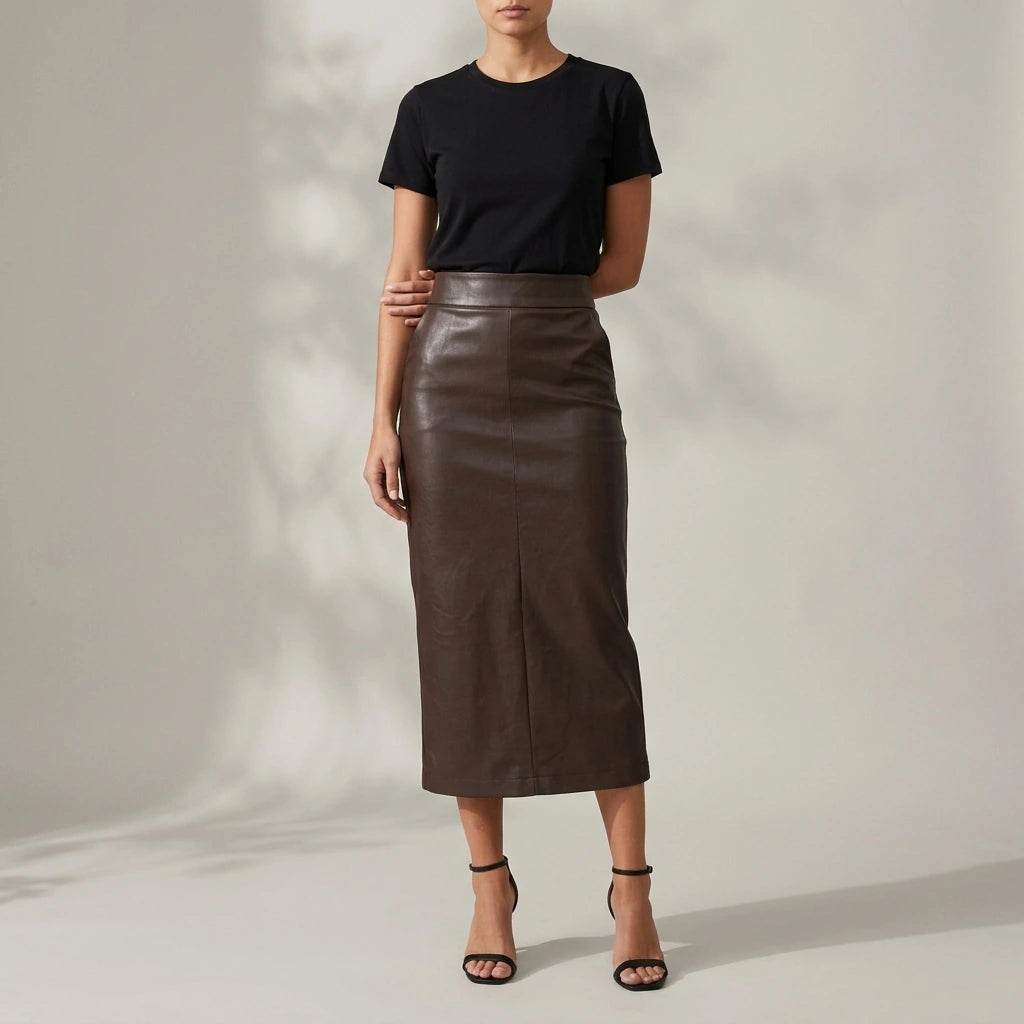 Women's High Waisted Faux Leather Midi Skirt - Palomine — variant_front