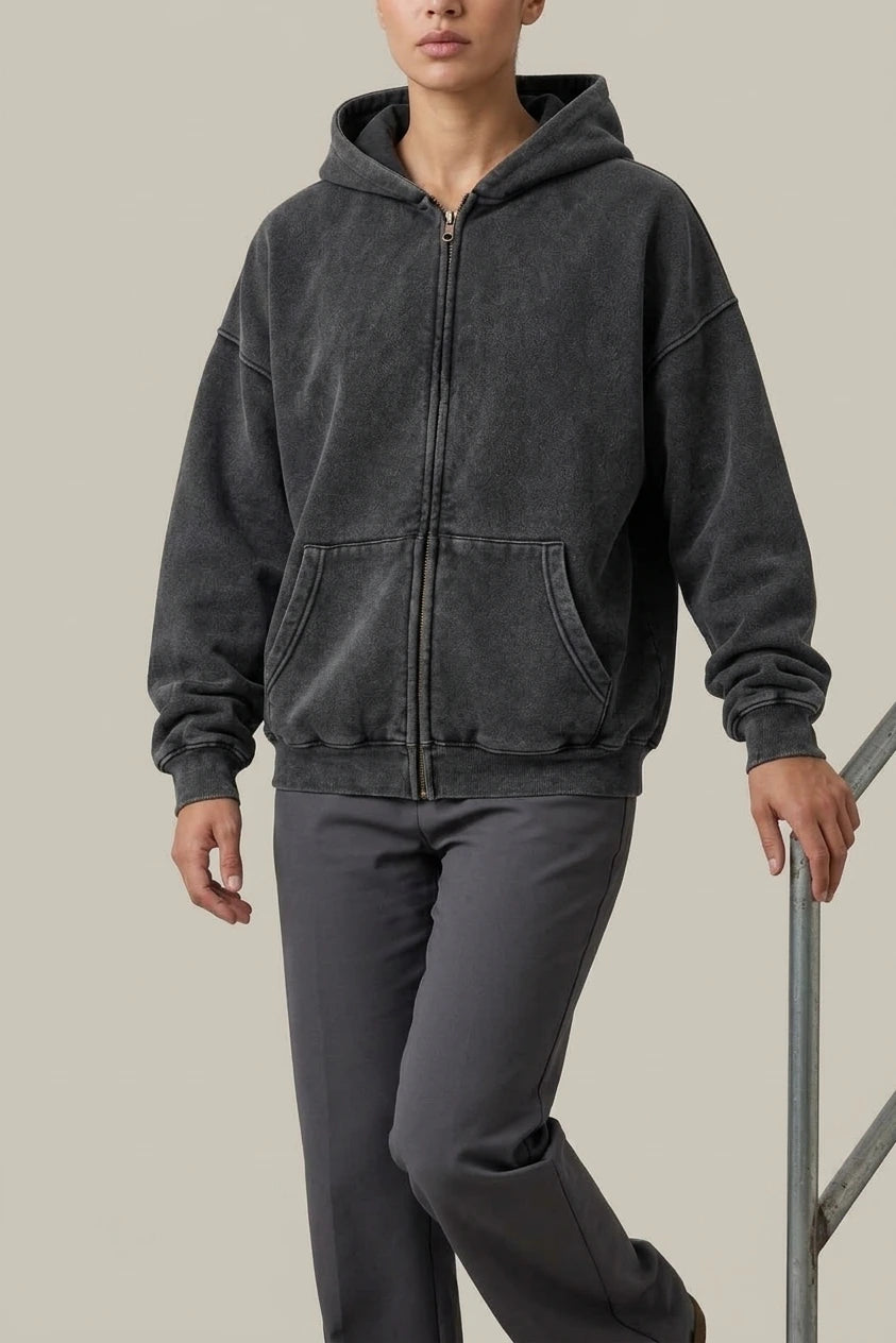Men’s Oversized Full Zip Hoodie – Washed Hooded Jacket — variant_front