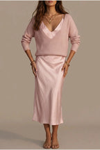 Montarello Women's Satin-Look Midi Dress Knit Co-Ord Set — variant_front