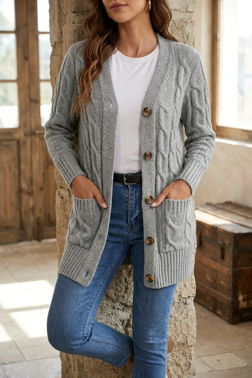 Solid Long Sleeve Cable Cardigan Women'S — variant_front