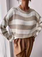 Striped Chunky Knit Sweater with Round Neck and Dropped Shoulders — variant_front