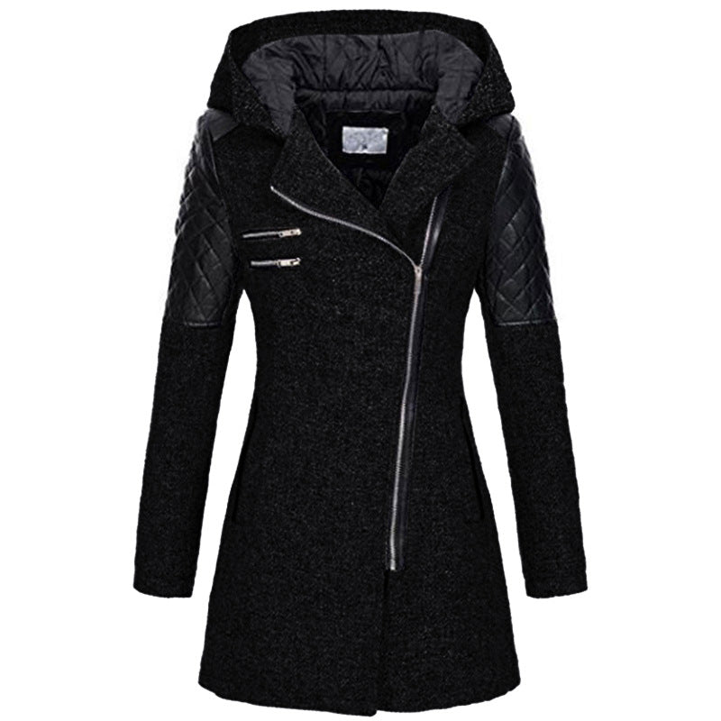 Fitted Hooded Winter Coat with Quilted Leather Shoulders — variant_front