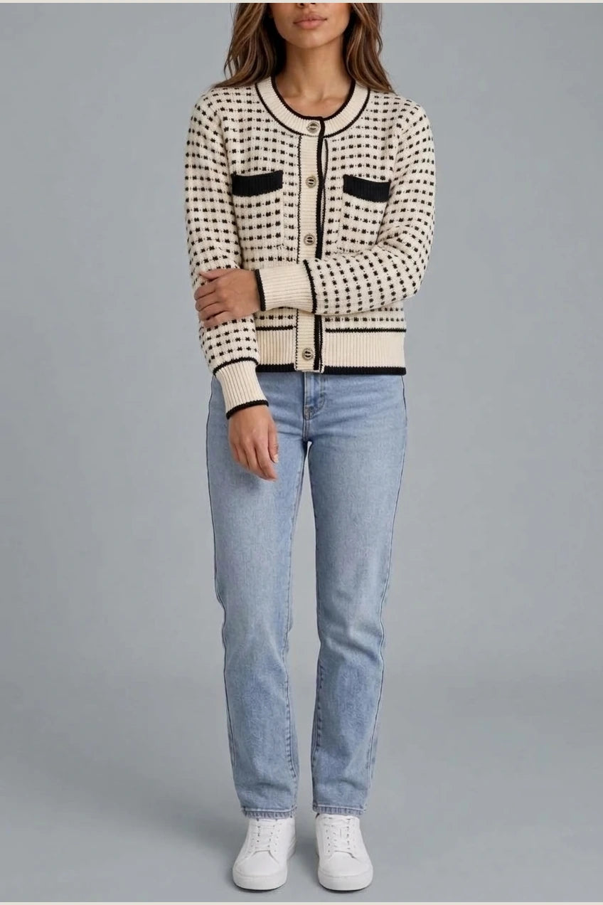 Women’s Textured Knit Cardigan – Button Front Contrast Trim Jumper — variant_front
