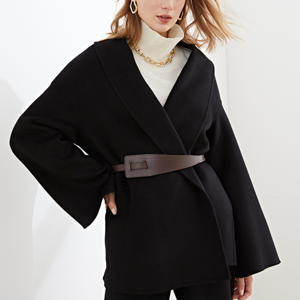Women's Belted Coat with Wide Lapel Collar — variant_front