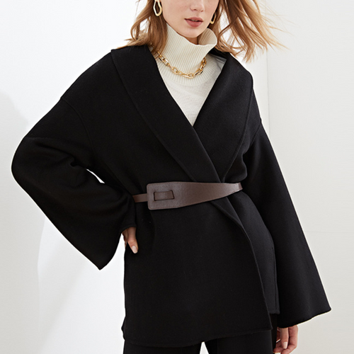 Women's Belted Coat with Wide Lapel Collar — variant_front