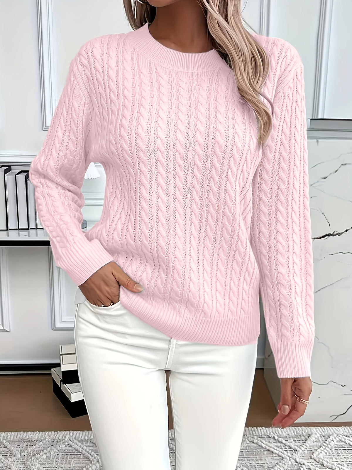 Chunky Cable Knit Sweater with Crew Neck and Ribbed Cuffs — variant_front
