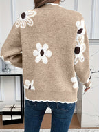 Soft Floral Knit Sweater with V-Neckline and Scallop Trim — variant_front