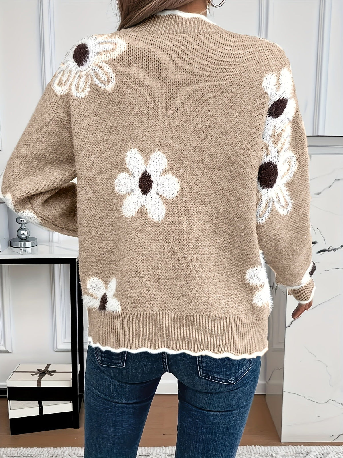 Soft Floral Knit Sweater with V-Neckline and Scallop Trim — variant_front