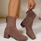 Suede Heeled Ankle Boots with Square Toe and Block Heel — variant_front