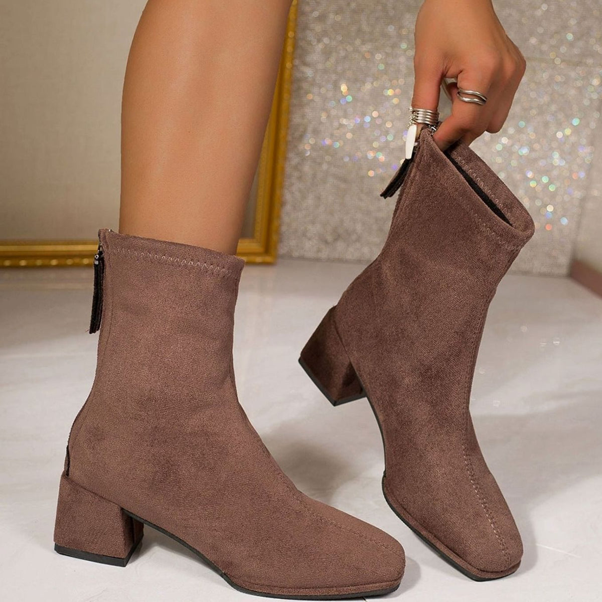 Suede Heeled Ankle Boots with Square Toe and Block Heel — variant_front