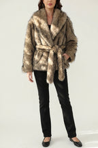 Women's Faux Fur Jacket with Shawl Collar and Tie Belt — variant_front