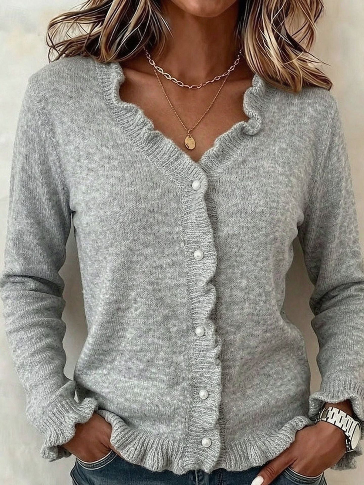 Soft Knit Cardigan with Frill Trim and V-Neckline — variant_front
