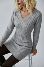 Women's Cable Knit V-Neck Jumper Dress Long Sleeve — variant_front