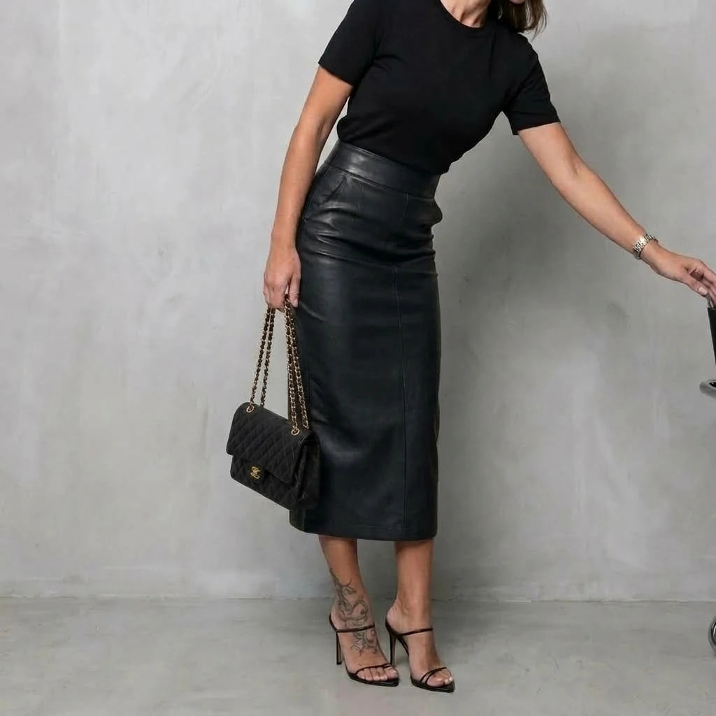Women's High Waisted Faux Leather Midi Skirt - Palomine — variant_front