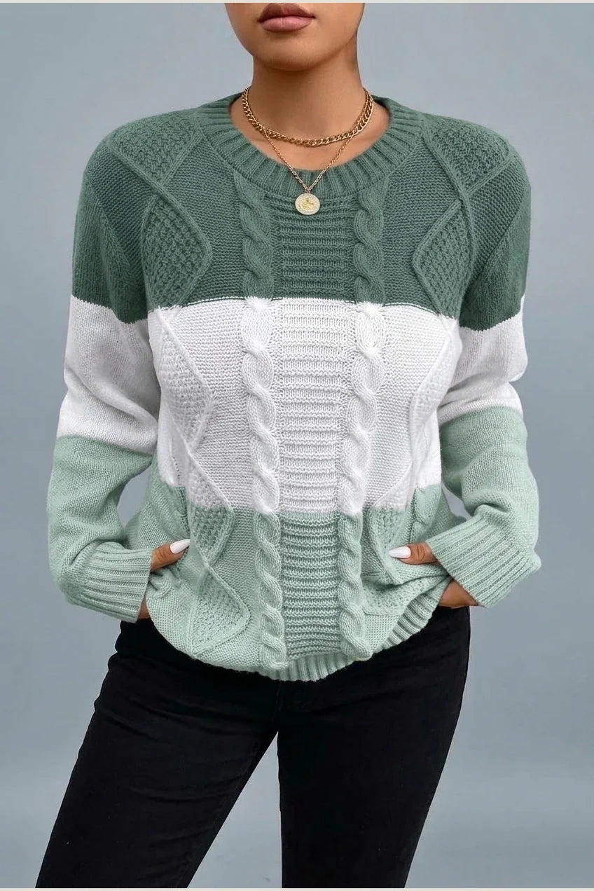 Plus Size, Plus Size Women's Autumn/Winter Casual Color Block Rhombus Pattern Pullover Sweater, Long Sleeve Crew Neck Cable Fabric Top — variant_front