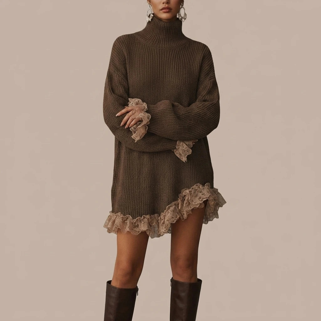 Ribbed Knit Formal Oversized Mini Dress with Roll Neck for Women — variant_front