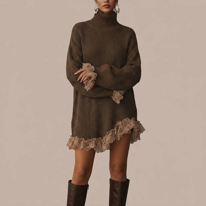 Ribbed Knit Formal Oversized Mini Dress with Roll Neck for Women — variant_front