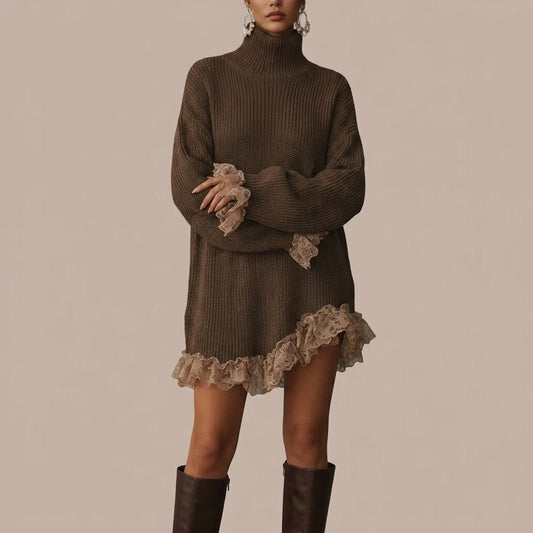 Ribbed Knit Formal Oversized Mini Dress with Roll Neck for Women — variant_front