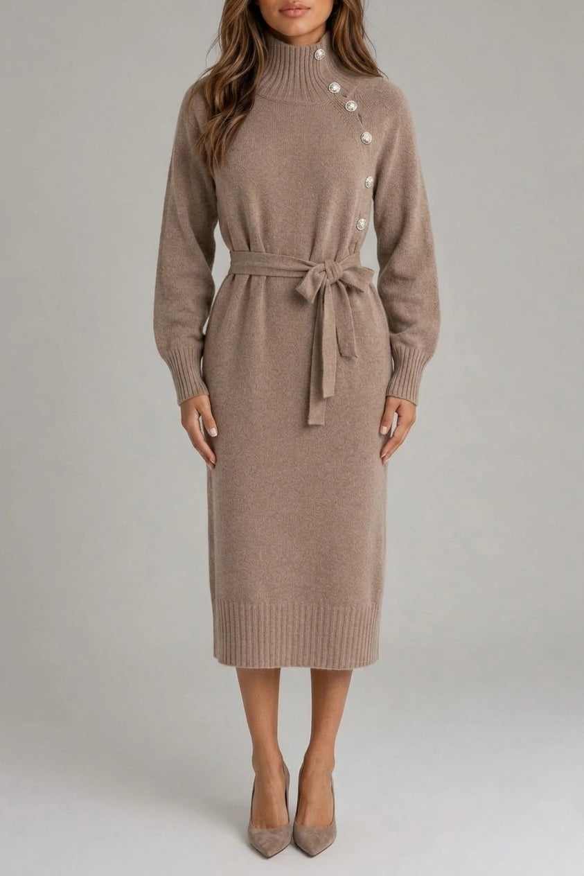 Women’s Cotton Knitted Midi Dress – Roll Neck Belted Jumper Dress — variant_front