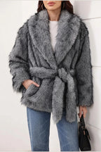 Women's Faux Fur Jacket with Shawl Collar and Tie Belt — variant_front