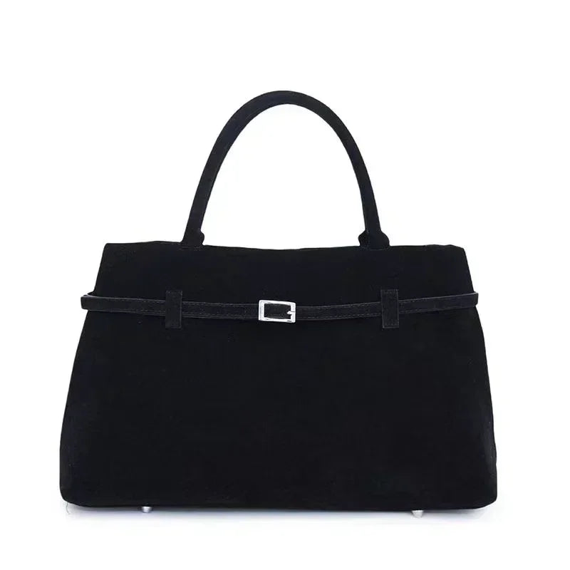 Large Suede Shoulder Bag with Belt Buckle Detail - Top-handle Tote — variant_front