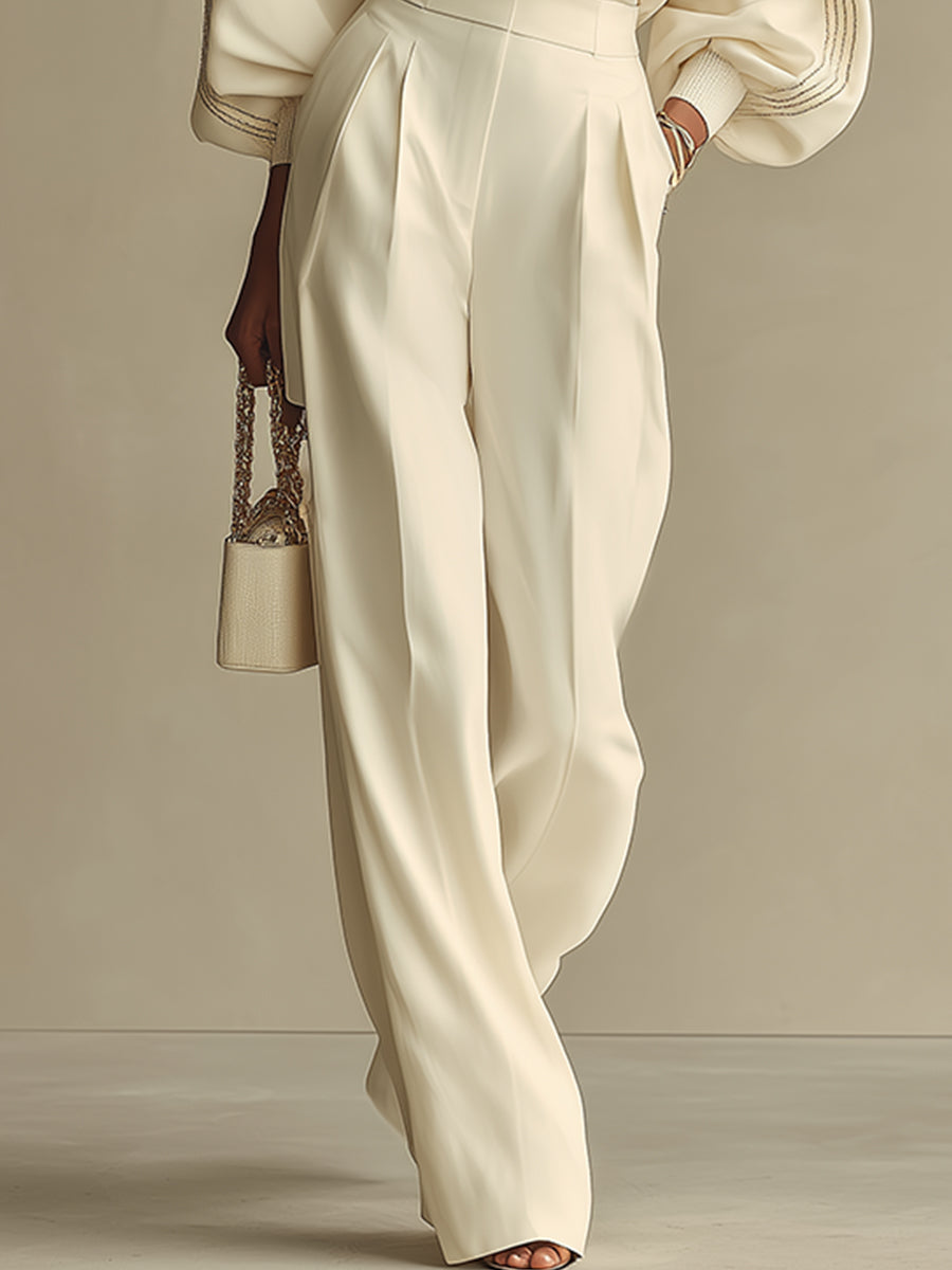 Ivory Knit Two Piece Set with Puff Sleeves and Wide Leg Trousers — variant_front