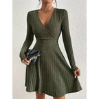 Ribbed Knit Wrap Front Mini Dress with V-Neckline and Long Sleeves — variant_front