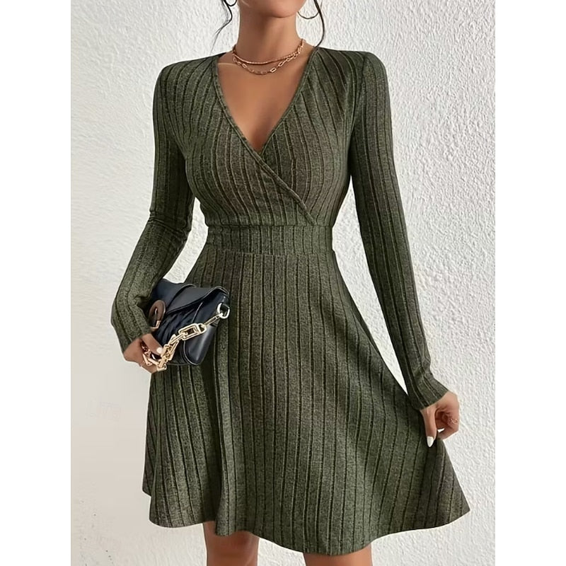 Ribbed Knit Wrap Front Mini Dress with V-Neckline and Long Sleeves — variant_front