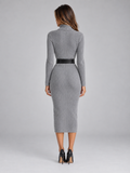 Fitted Turtleneck Sweater Dress with Wide Belt and Long Sleeves — variant_front