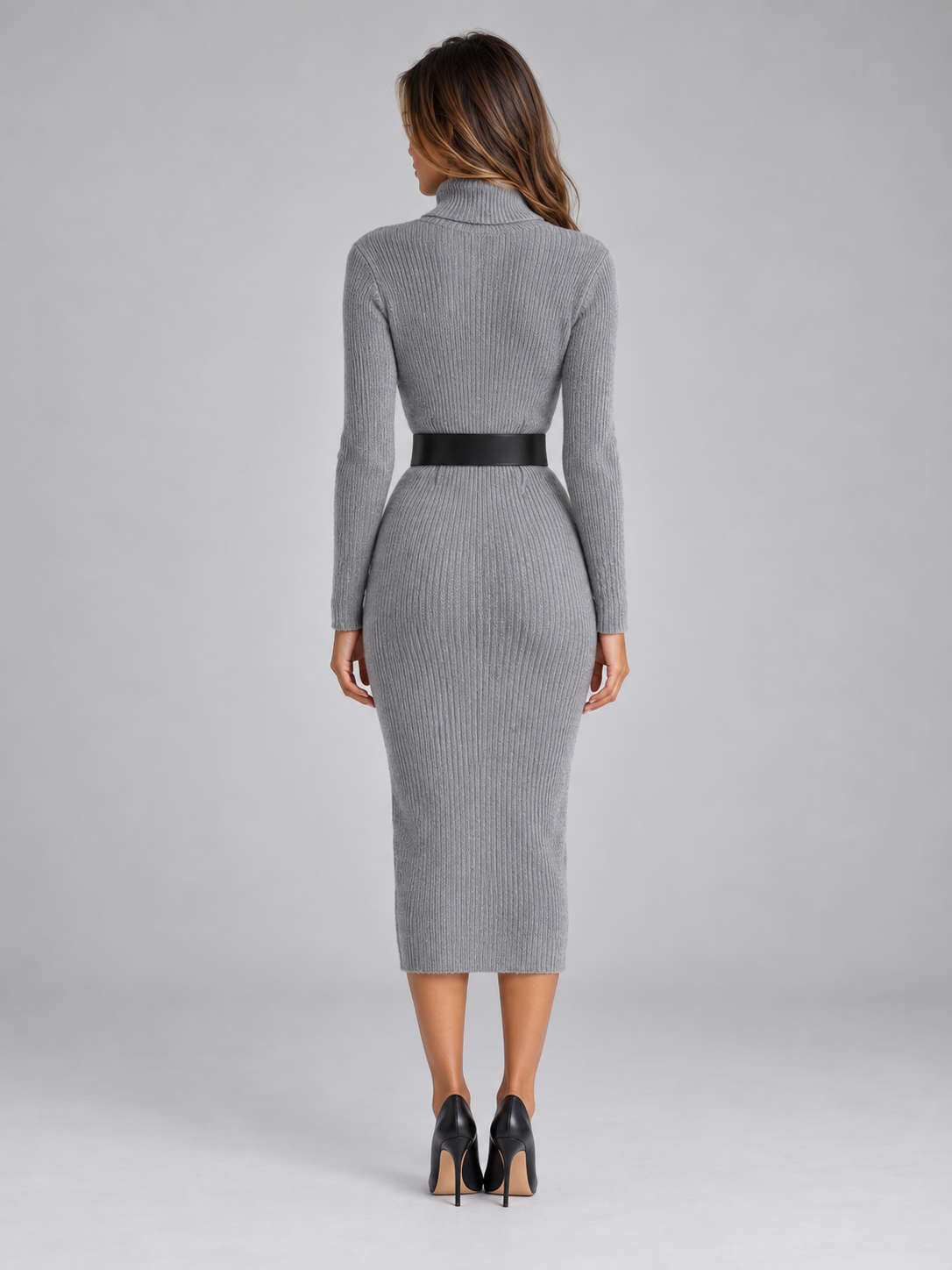 Fitted Turtleneck Sweater Dress with Wide Belt and Long Sleeves — variant_front