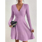 Ribbed Knit Wrap Front Mini Dress with V-Neckline and Long Sleeves — variant_front
