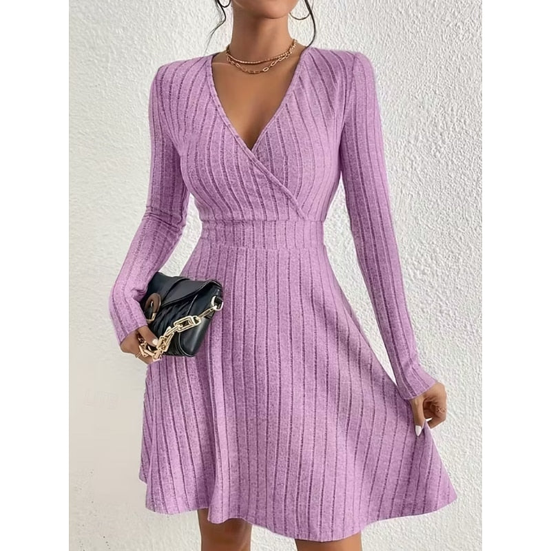 Ribbed Knit Wrap Front Mini Dress with V-Neckline and Long Sleeves — variant_front