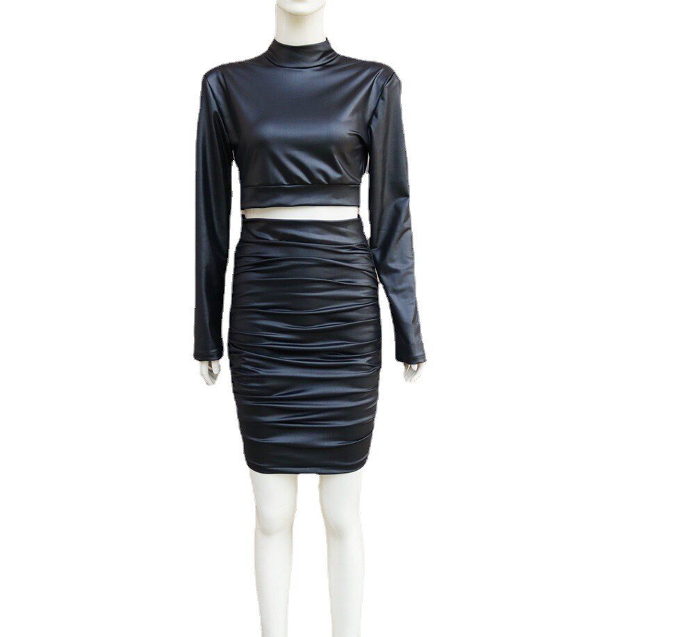 Women's Cropped Top & Mini Skirt Set with Long Sleeves — variant_front