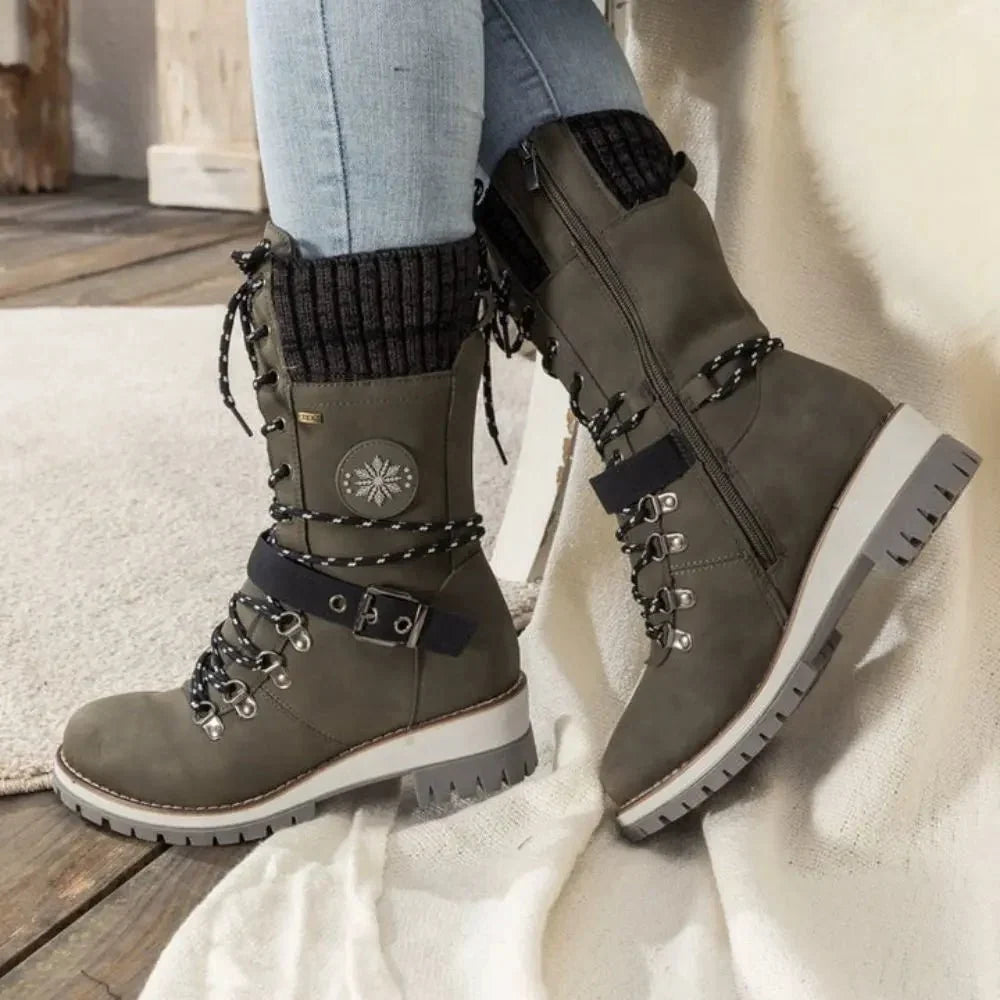 Insulated Lace Up Winter Boots with Knit Cuff and Buckle Detail — variant_front