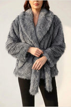 Women's Faux Fur Jacket with Shawl Collar and Tie Belt — variant_front