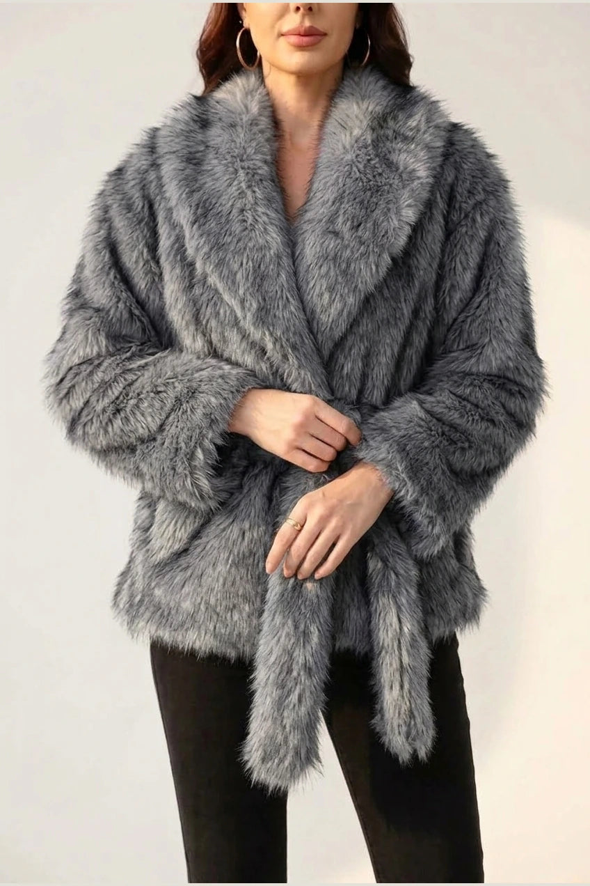 Women's Faux Fur Jacket with Shawl Collar and Tie Belt — variant_front