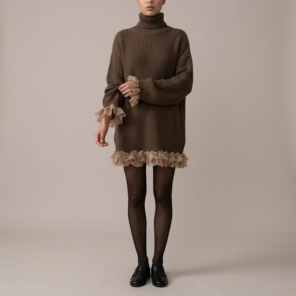 Ribbed Knit Formal Oversized Mini Dress with Roll Neck for Women — variant_front