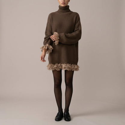 Ribbed Knit Formal Oversized Mini Dress with Roll Neck for Women — variant_front