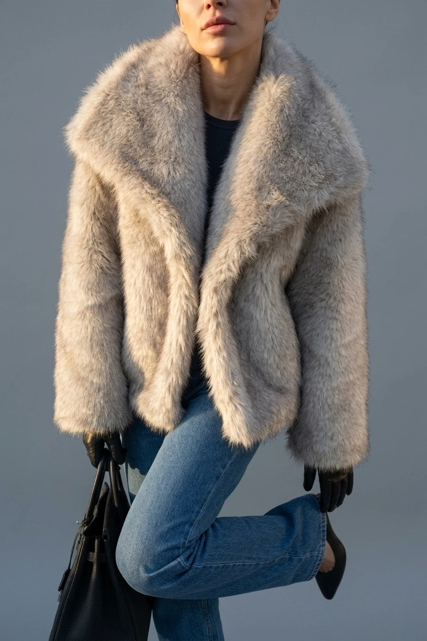 Women's Faux Fur Jacket with Collar and Long Sleeves — variant_front