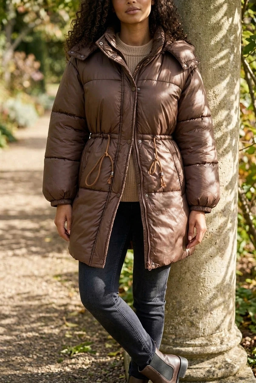 Women’s Longline Puffer Jacket – Hooded Quilted Coat with Drawstring Waist — variant_front