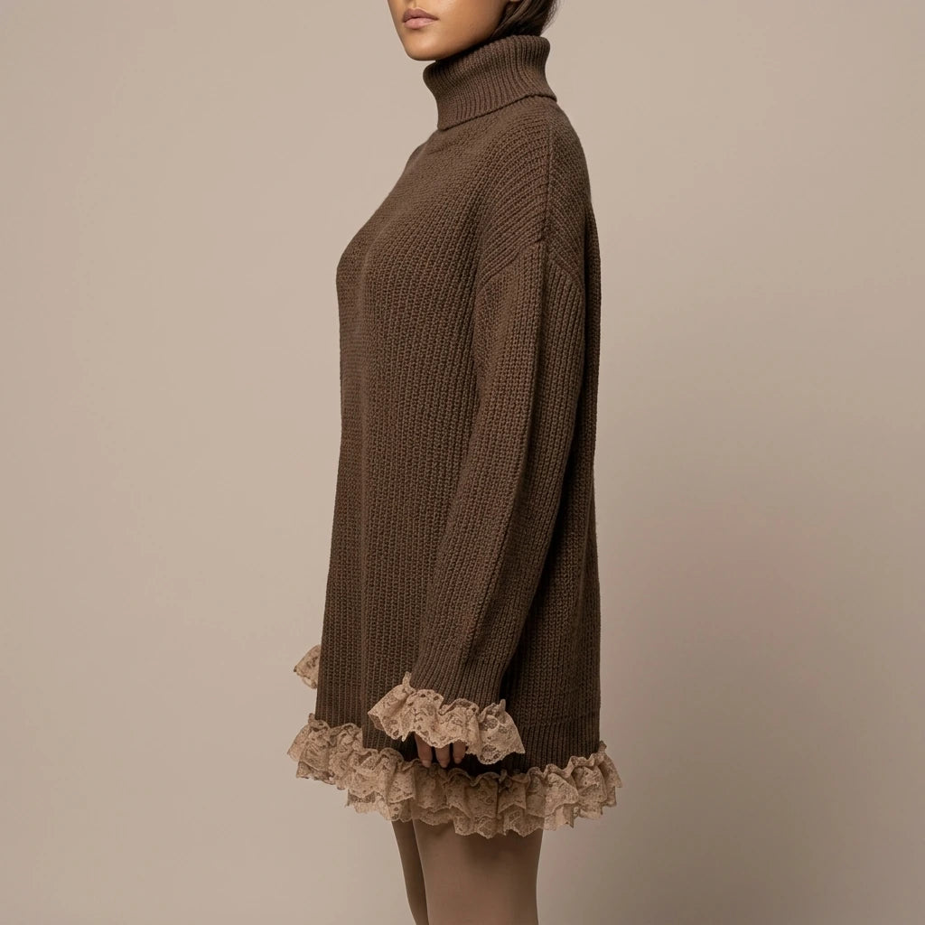 Ribbed Knit Formal Oversized Mini Dress with Roll Neck for Women — variant_front