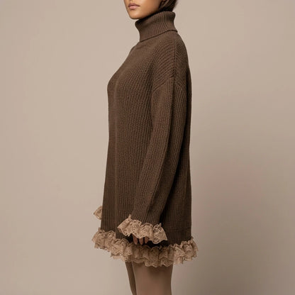 Ribbed Knit Formal Oversized Mini Dress with Roll Neck for Women — variant_front