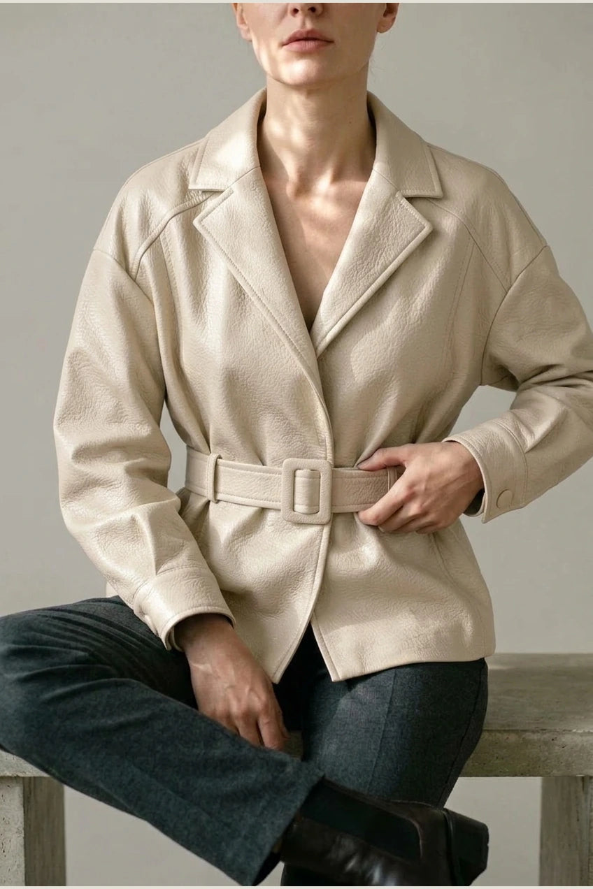 Belted Leather Jacket with Wide Collar and Cuffed Sleeves — variant_front