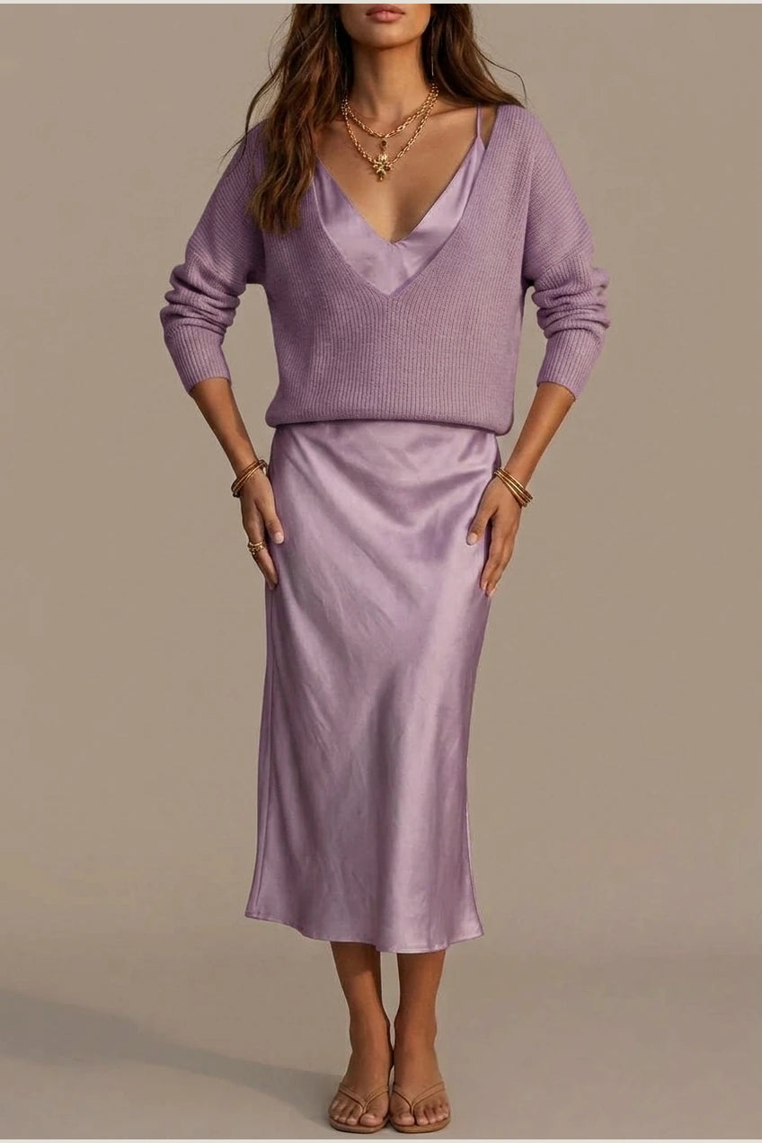 Montarello Women's Satin-Look Midi Dress Knit Co-Ord Set — variant_front