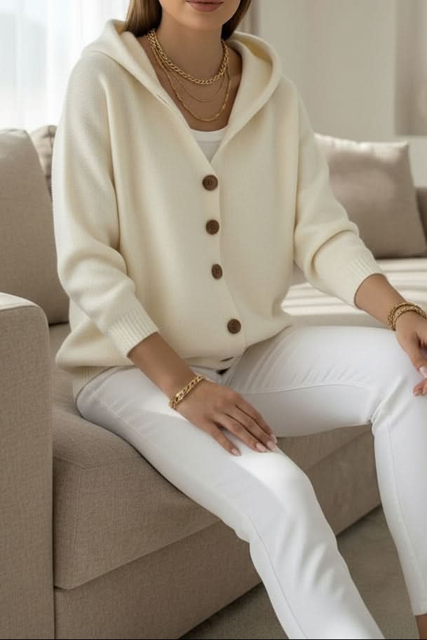 Relaxed Hooded Cardigan with Button Front and Ribbed Cuffs — variant_front