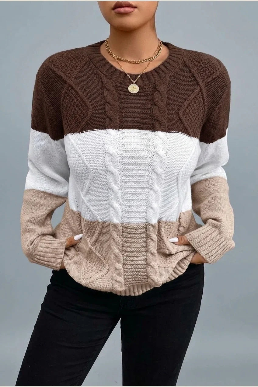 Plus Size, Plus Size Women's Autumn/Winter Casual Color Block Rhombus Pattern Pullover Sweater, Long Sleeve Crew Neck Cable Fabric Top — variant_front