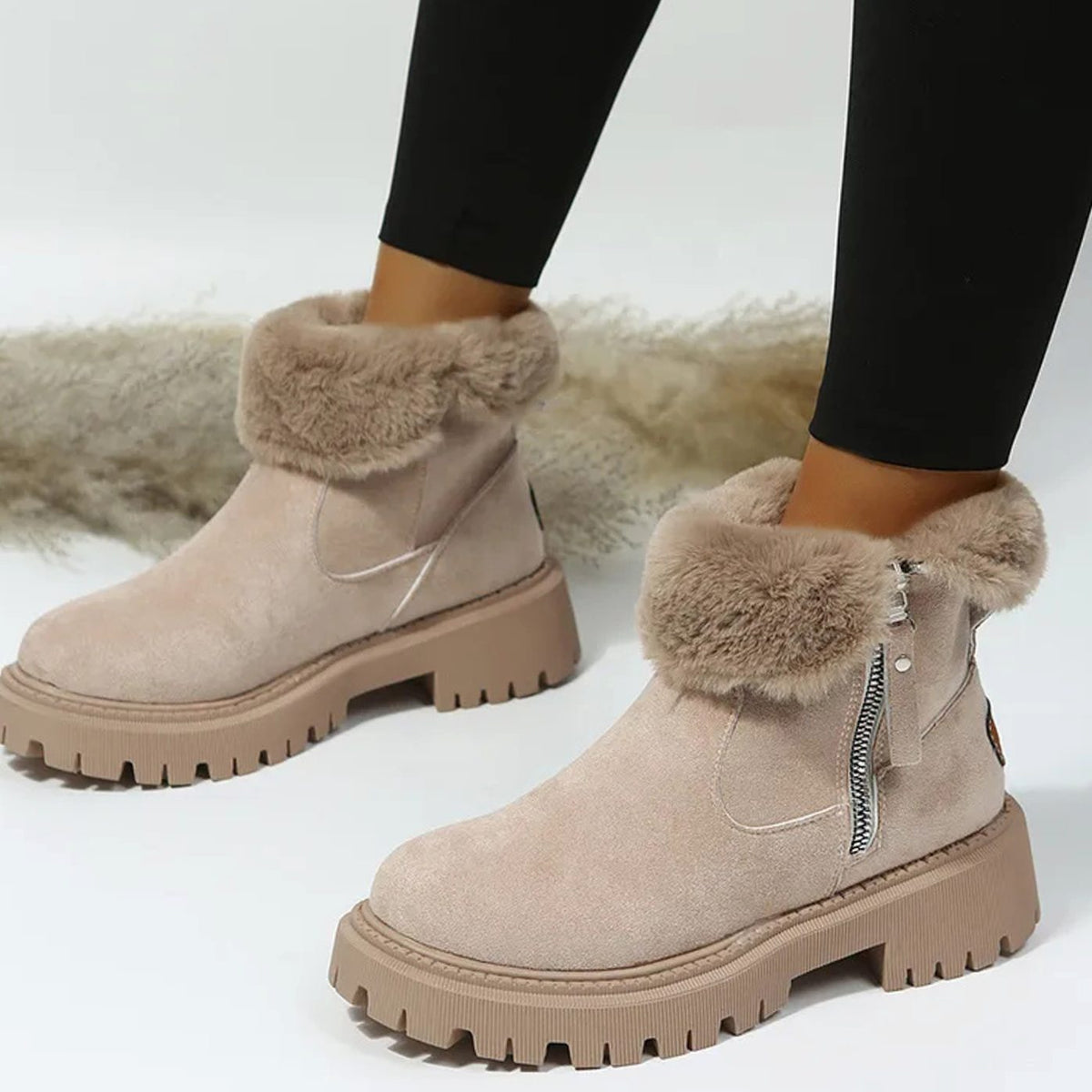Warm Suede Winter Ankle Boots with Fluffy Fur Collar — variant_front